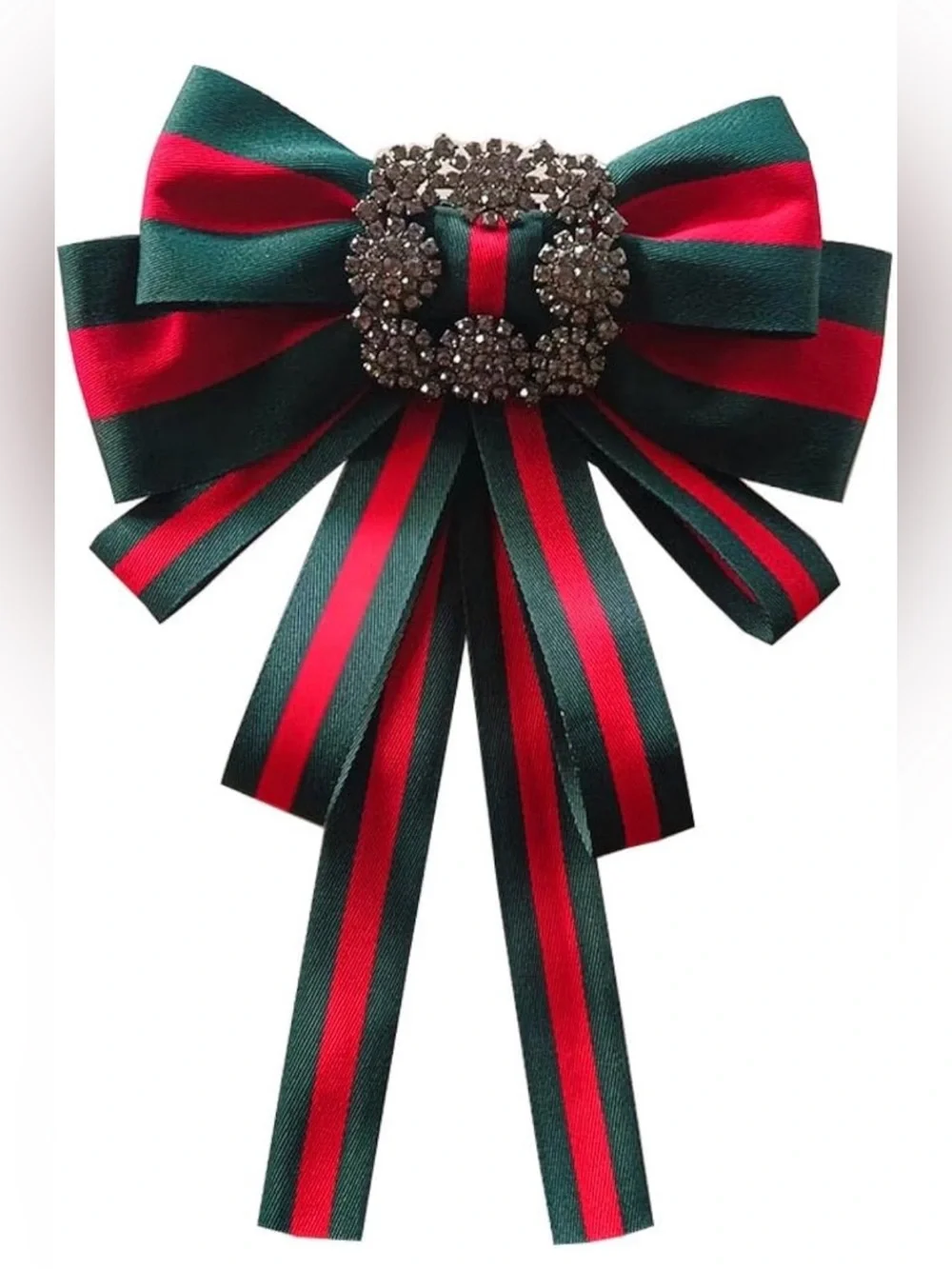 Striped Green and Red Ribbon Bow Brooch with Crystal Buckle
